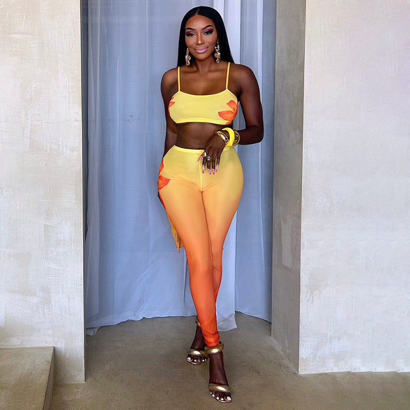 Women Sexy Floral Gradient Printed Camisole Vest Top and Trousers Two-Piece Set 13