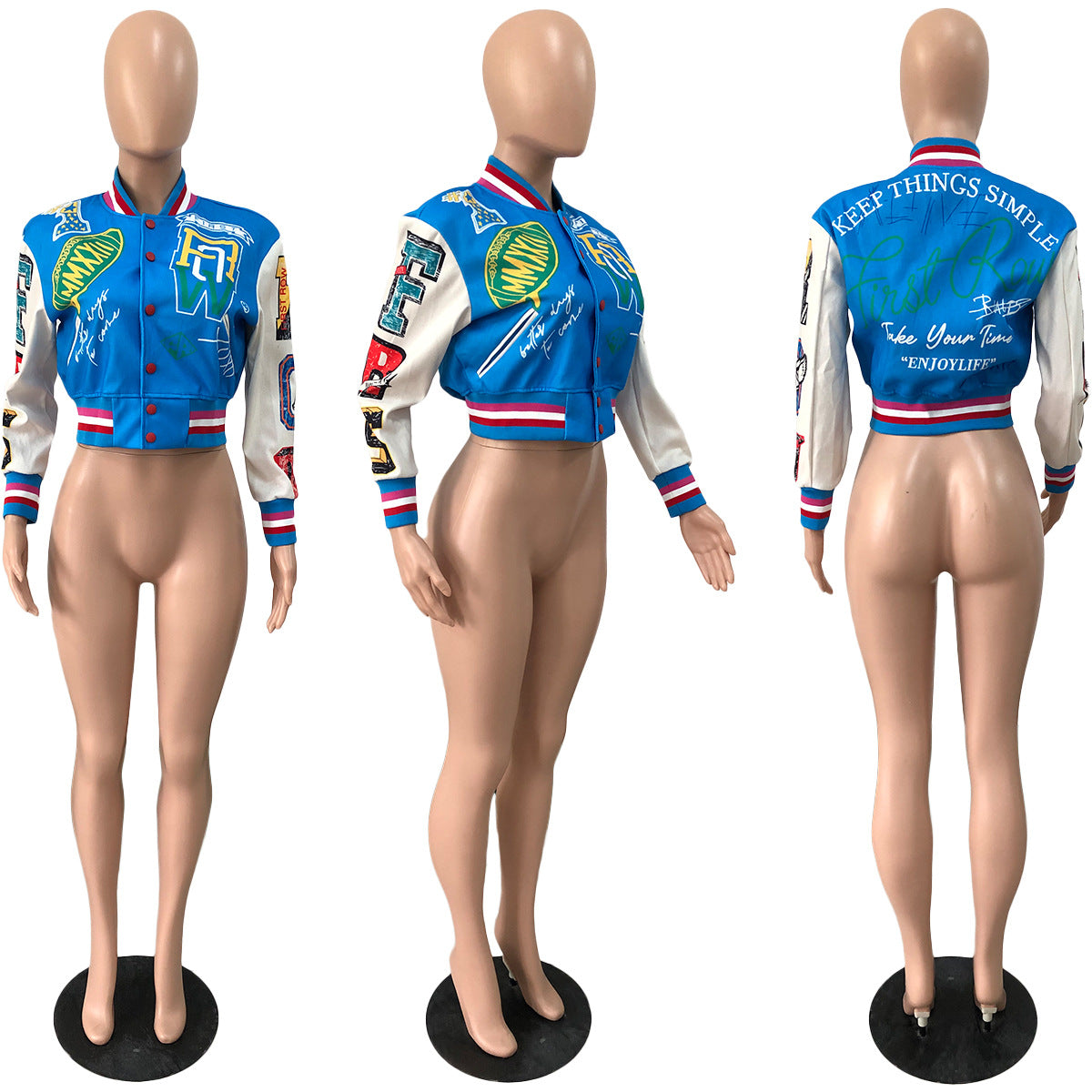 Women Ribbed Print Baseball Jacket 31