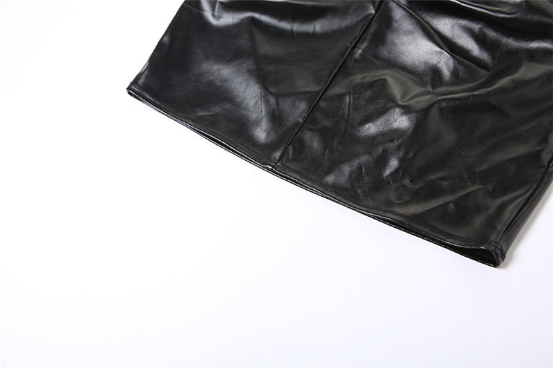 Women Summer Black Pu-Leather Stand Collar Sleeveless Pleated Irregular Top and Bodycon Skirt Two-Piece Set 13