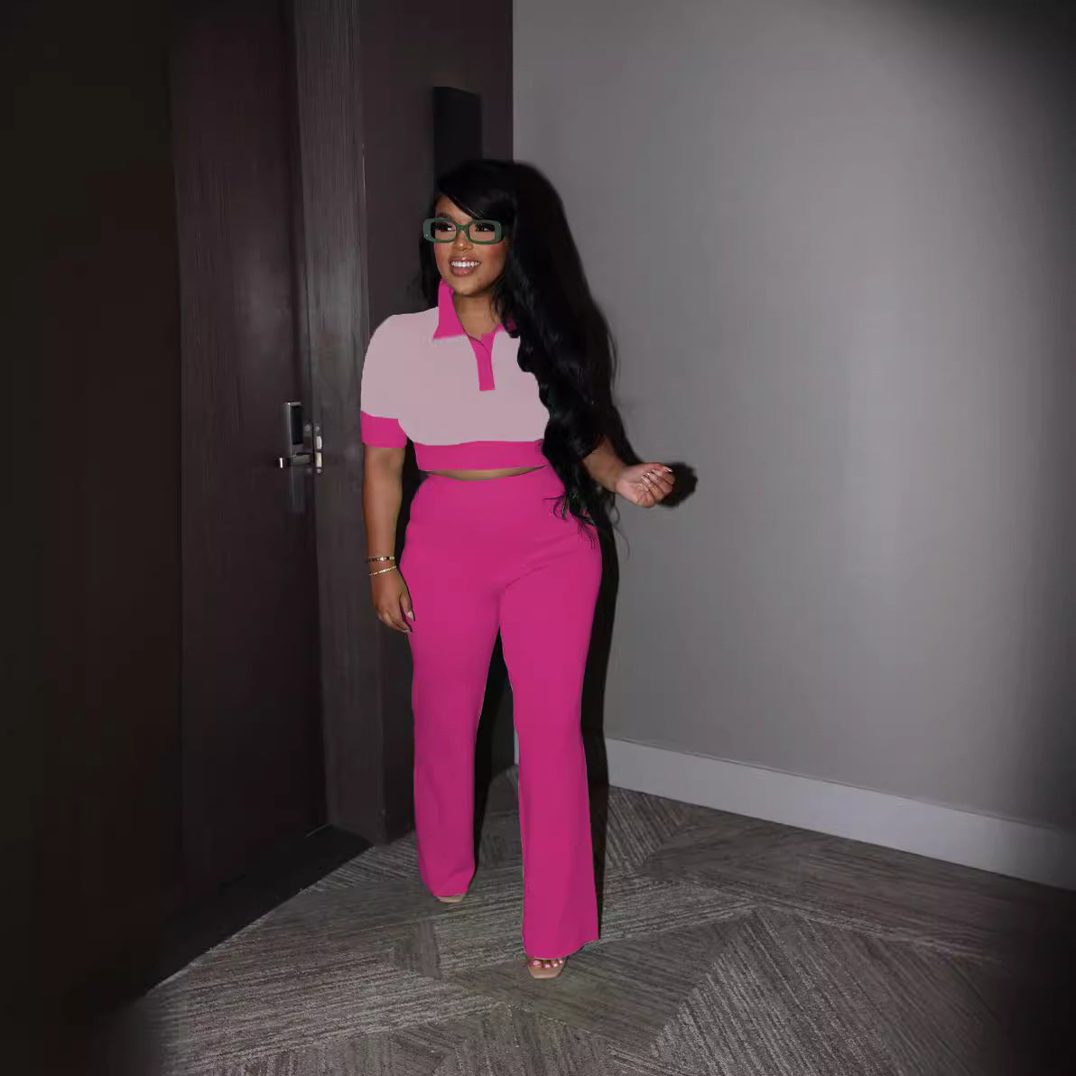 Women's Summer Patchwork Contrast Color Turndown Collar Short Sleeve Top Wide Leg Pants Fashion Two Piece Set 6