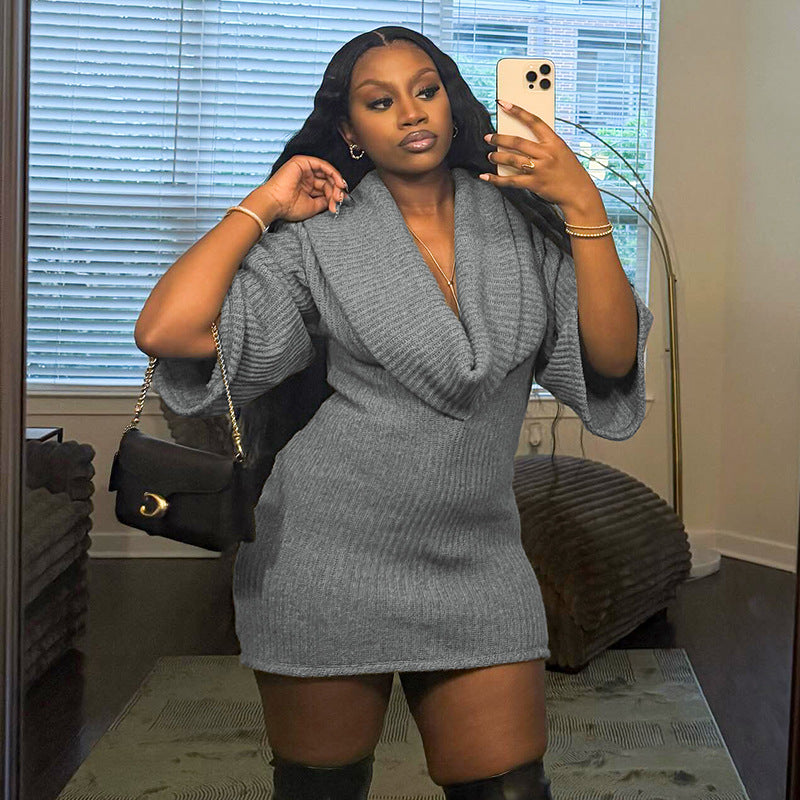 Women's Autumn & Winter Solid Color Casual Loose Cowl Neck Knitted Mid-Long Sleeve Dress