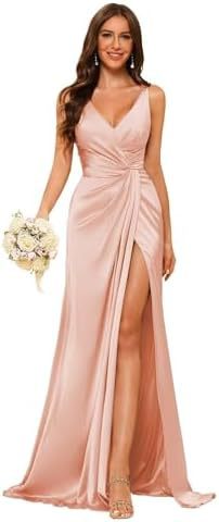 Women's Strap V-Neck Bridesmaid Dress Sleeveless Satin High Slit Prom Dress（Processing time need 3-6 days）