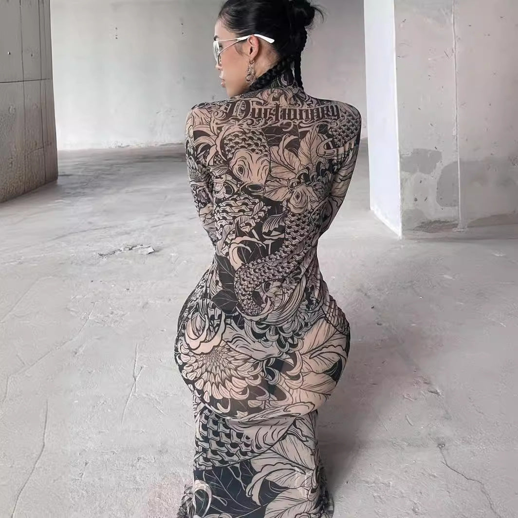 Women's Autumn Fashion Mesh Print See-Through High Neck Slim Fit Dress 7