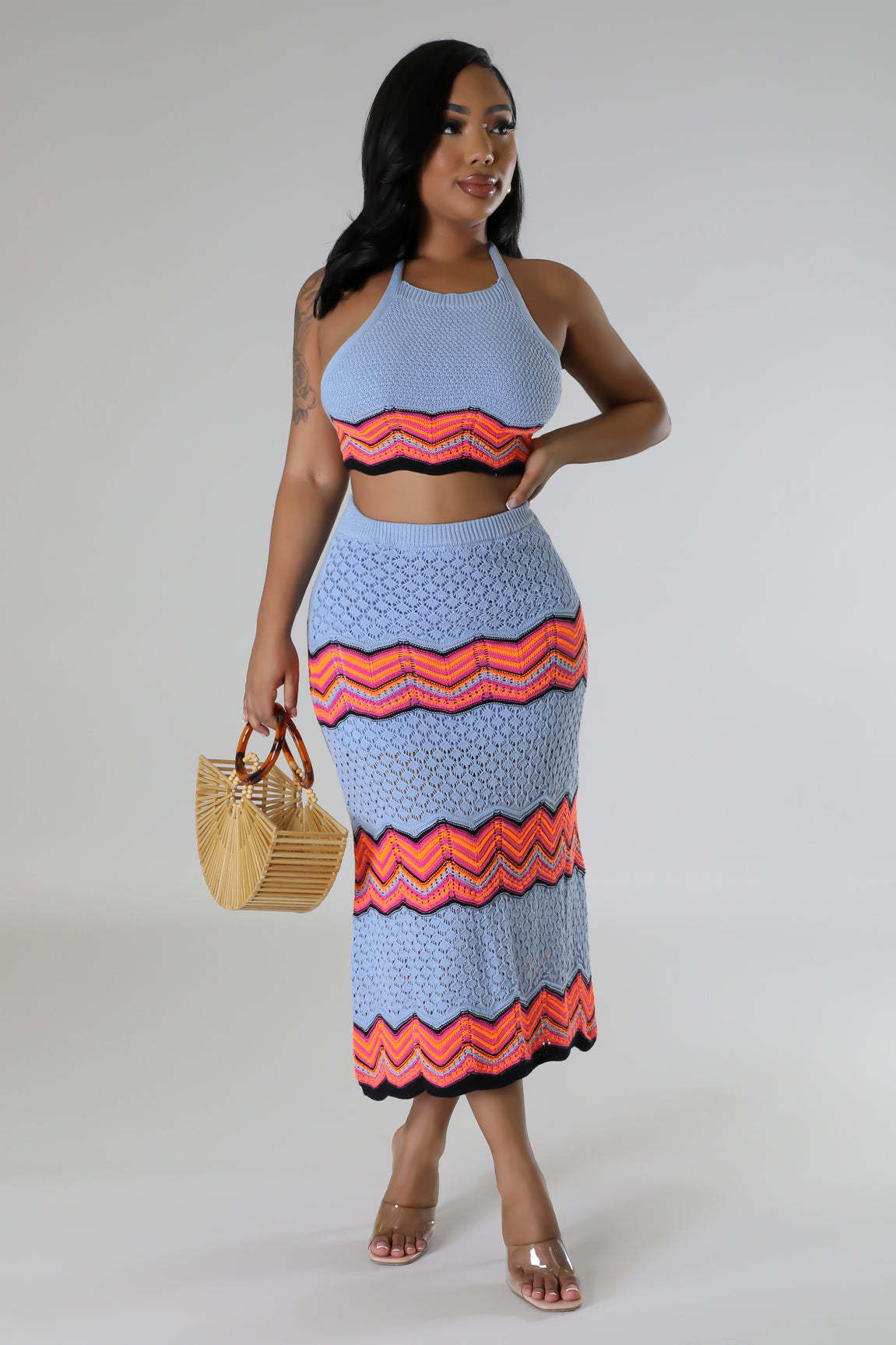 Women Knitting stretch Crop Top and Skirt two-piece set 7