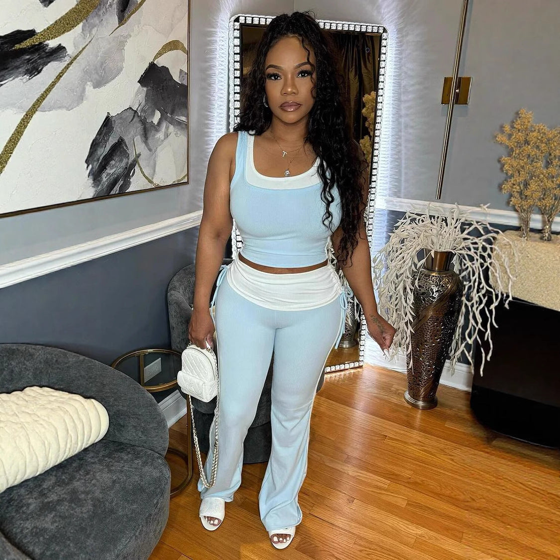 Women Casual Stretchy Patchwork Contrast Ribbed Sleeveless Tank Top and Pants Two-piece Set 3