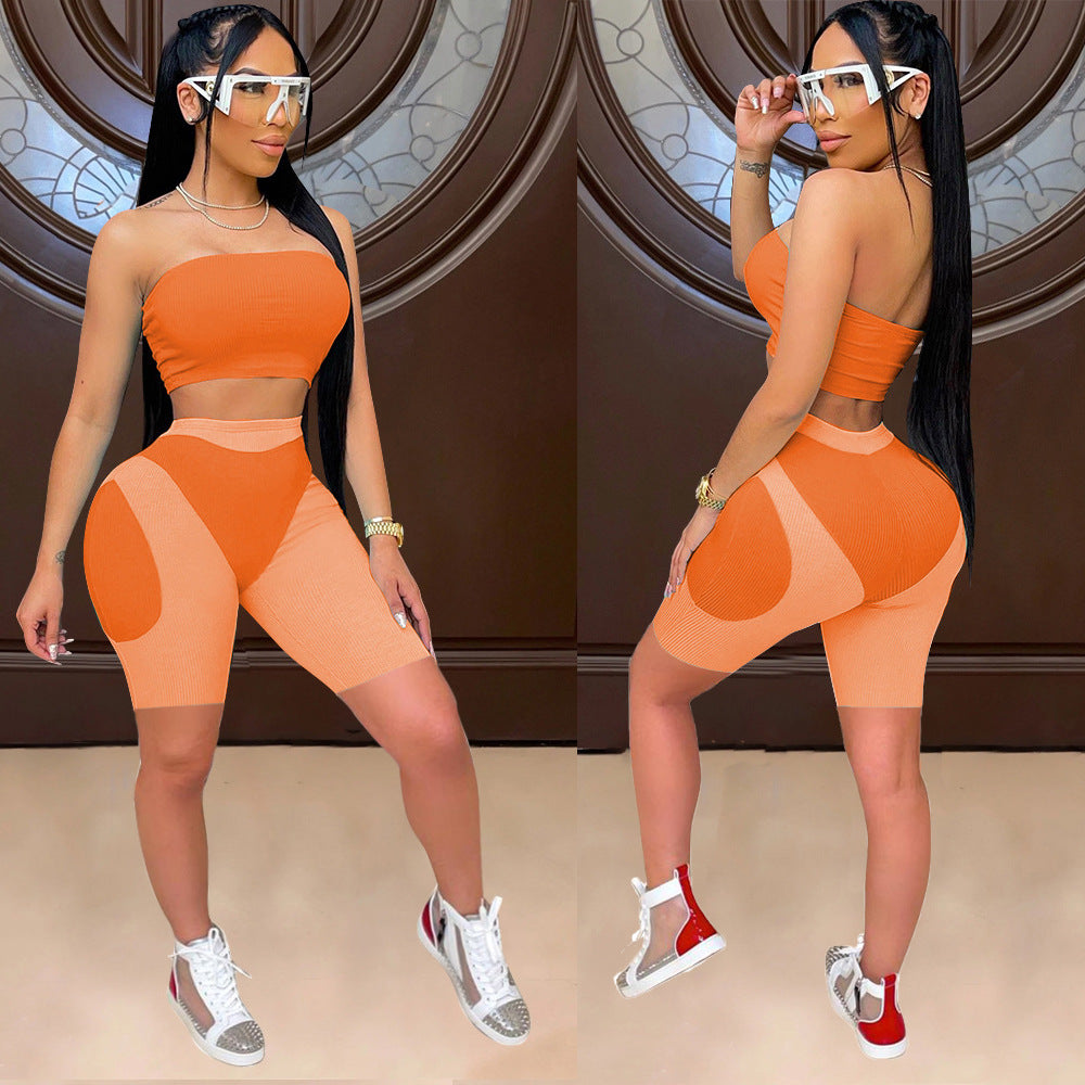 Women's summer fashionable color matching tight fitting strapless two-piece shorts set 4