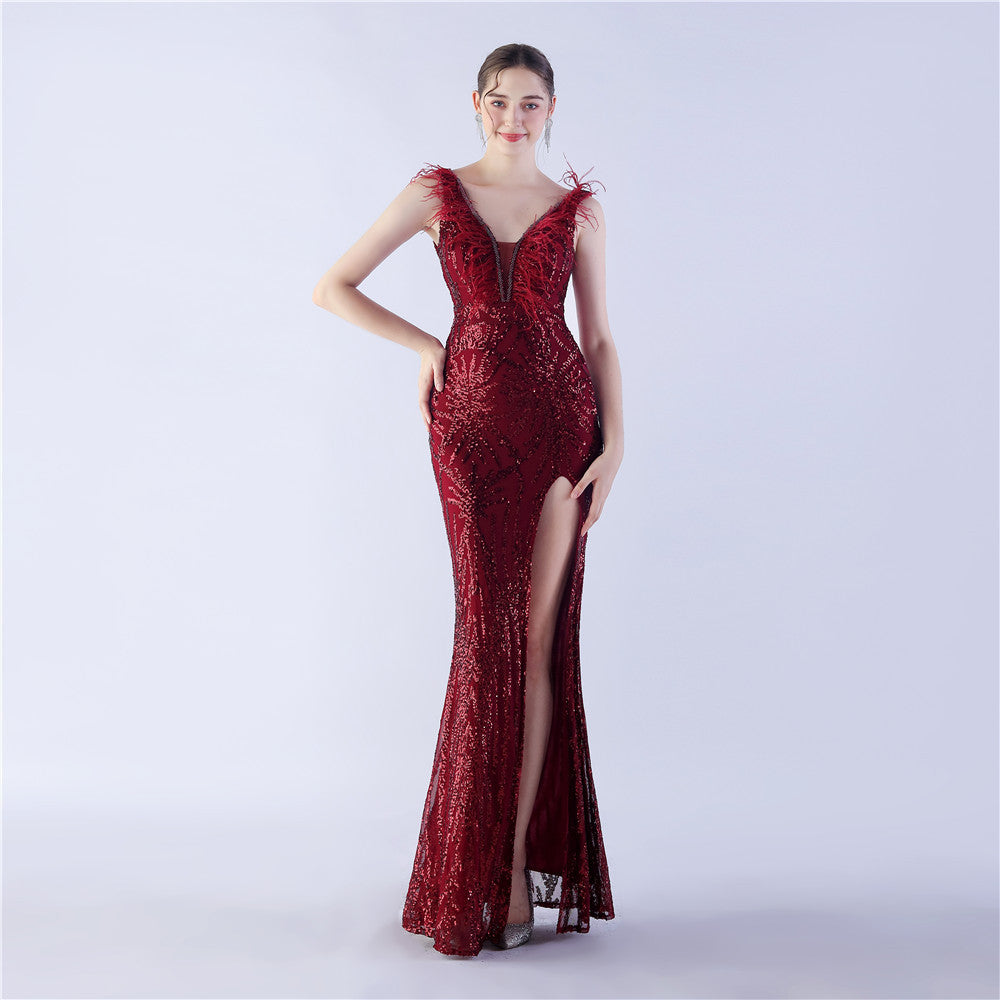 Sexy Feather Beading Sequins Evening Formal Party Side Slit Evening Dress 15