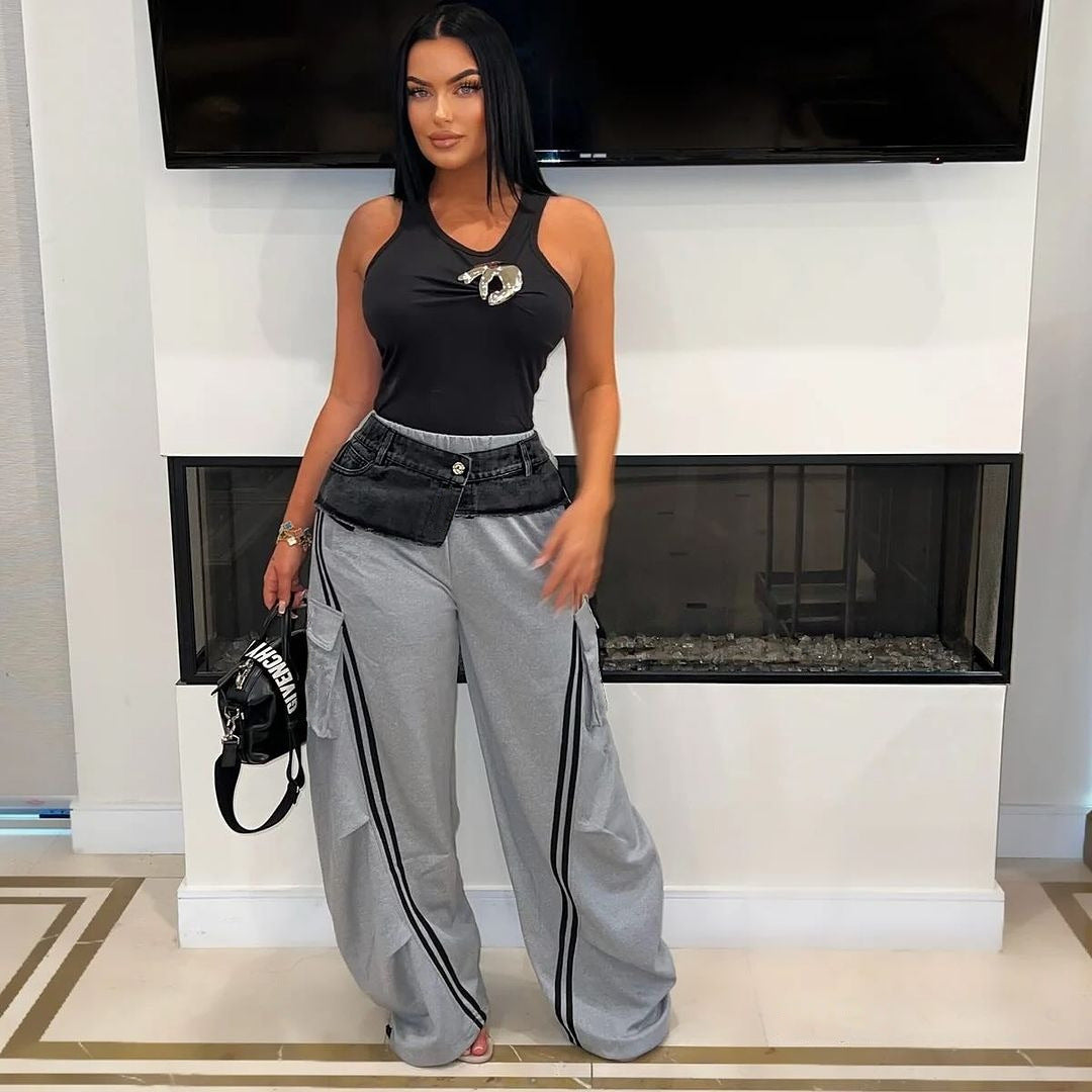 Women's Fashion Denim Patchwork Loose Straight Pants 4