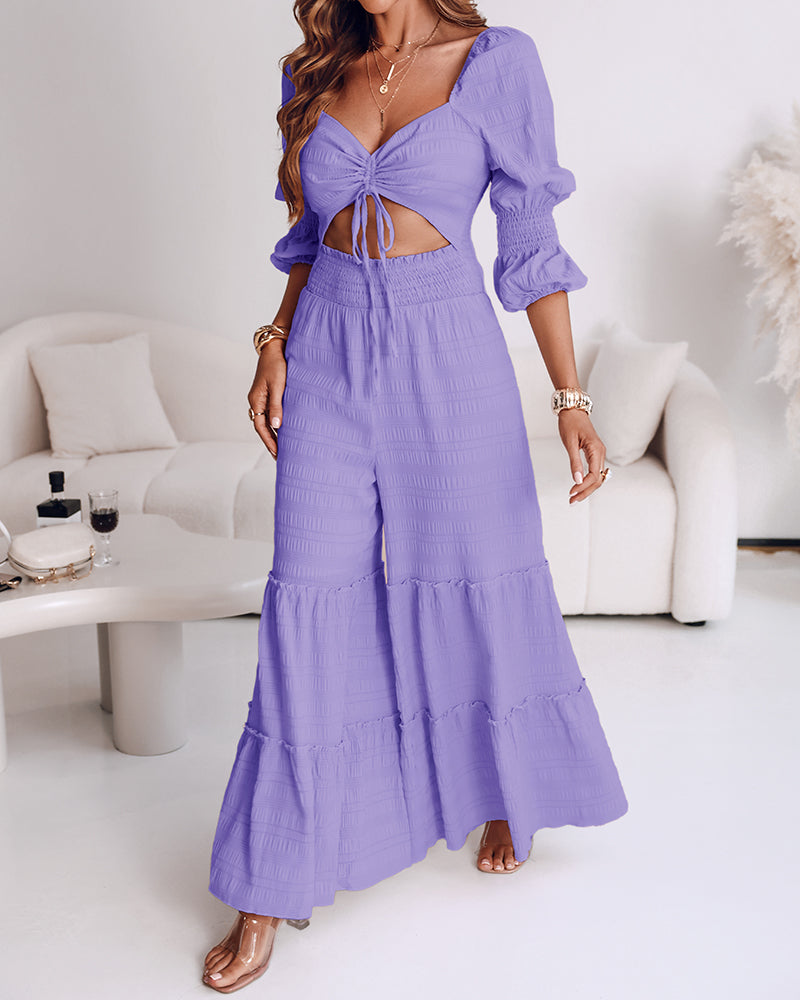 Women Square Neck Drawstring Puff Sleeve Wide Leg Jumpsuit 4