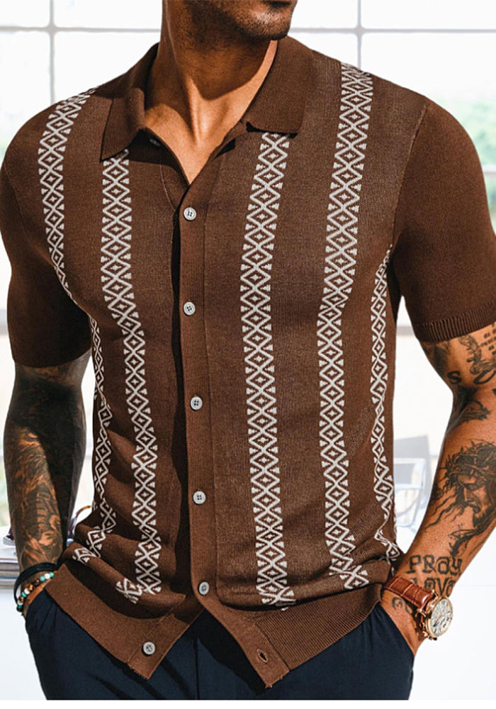 Men's Summer Striped Jacquard Knitting Short Sleeve Polo Top