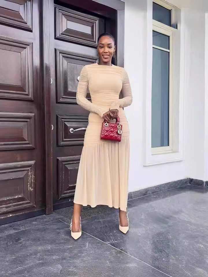 Women Elegant Sexy Round Neck Long Sleeve Pleated Solid Maxi Dress 5