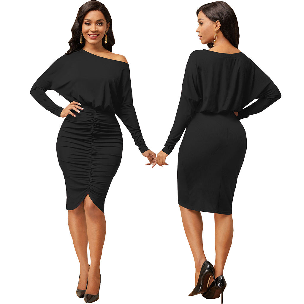 Sexy Fashion Solid Color Slash Shoulder Wrinkled Women's Dress 4