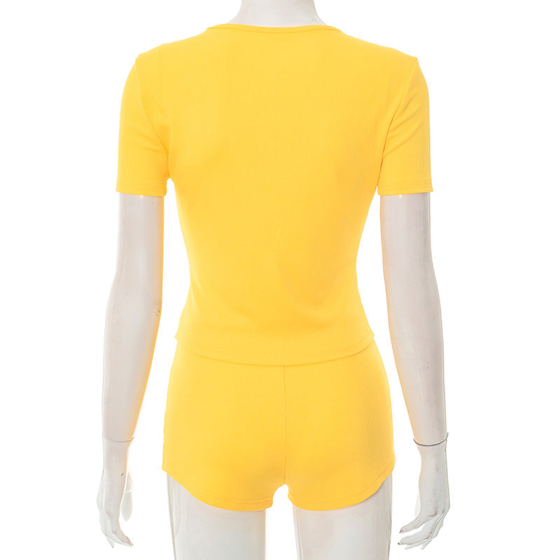 Women's Spring-Summer Solid Color Slim-Fit Round Neck T-Shirt Shorts Set 6
