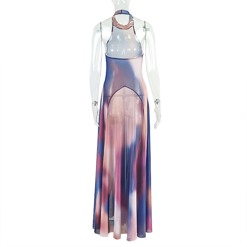 Women gradient pleated Halter neck backless dress 5