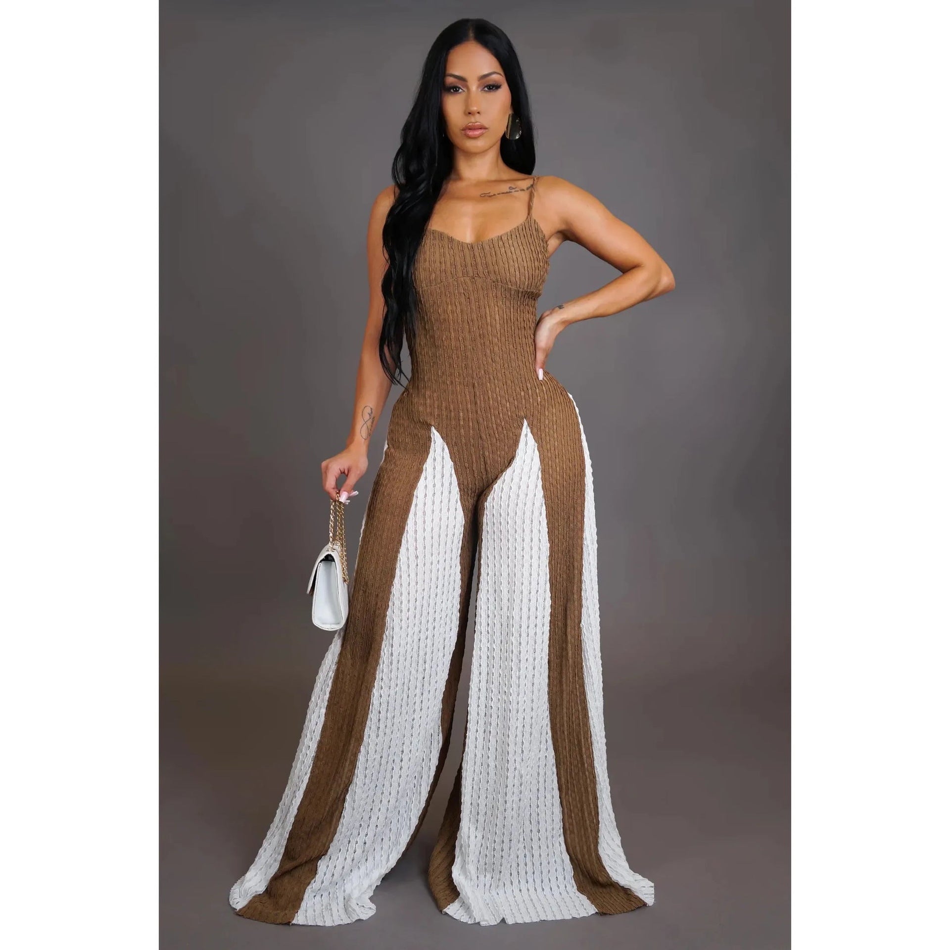 Women Sexy Hollow Wide-leg knitting Suspender Patchwork Contrast Jumpsuit 7