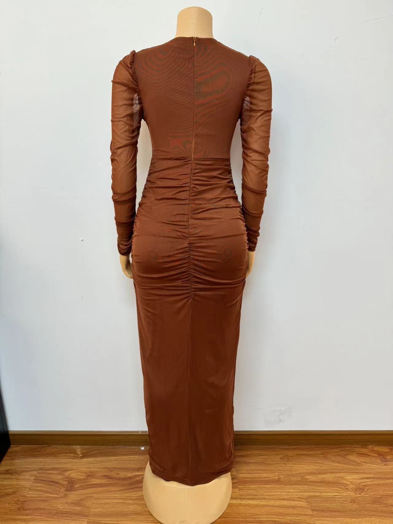 Women V Neck Long Sleeve Bodycon Sexy Slit Dress 7