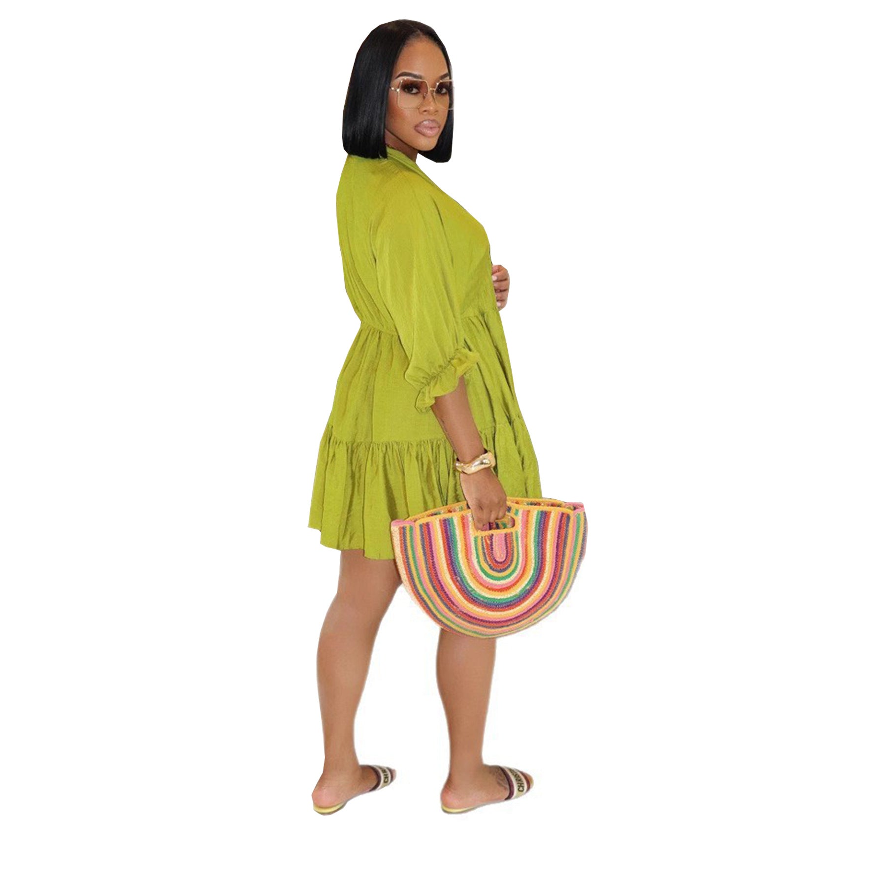 Women Solid Casual V Neck Three-quarter Sleeve Pleated Dress 8