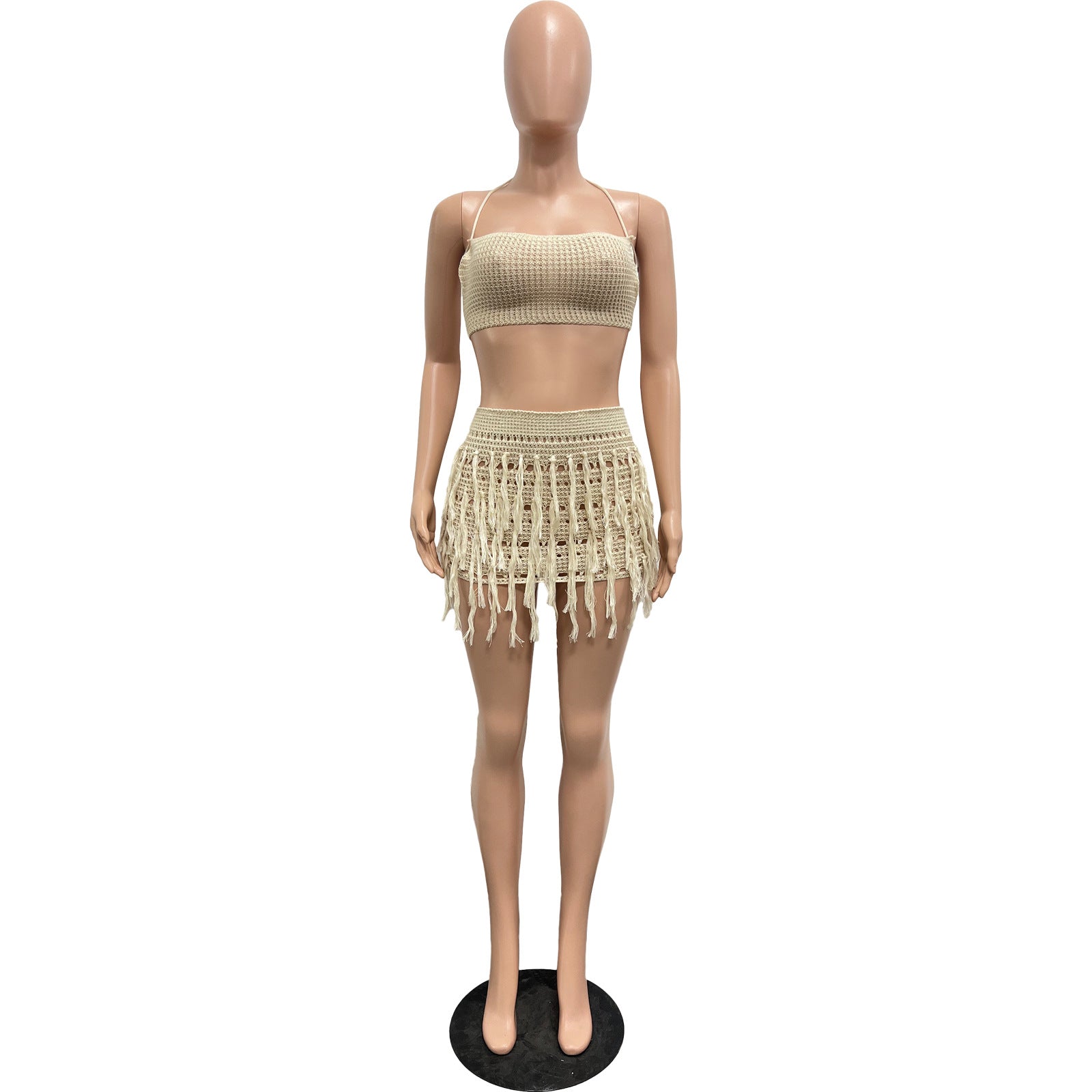 Women knitting Crochet Hollow Tassel Strapless Sexy Top and Skirt two-piece set 12