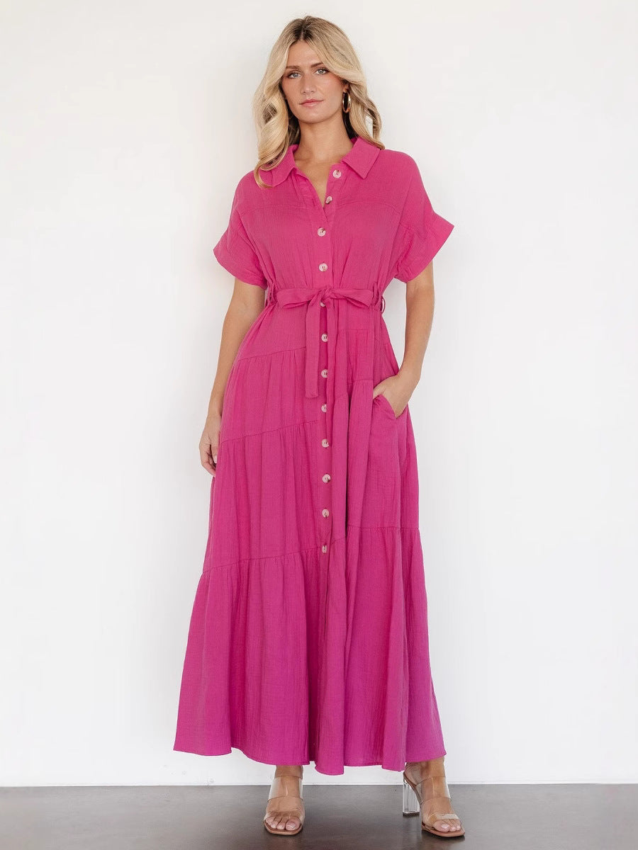 Women Solid Patchwork Bat Short Sleeve Shirt Dress 3