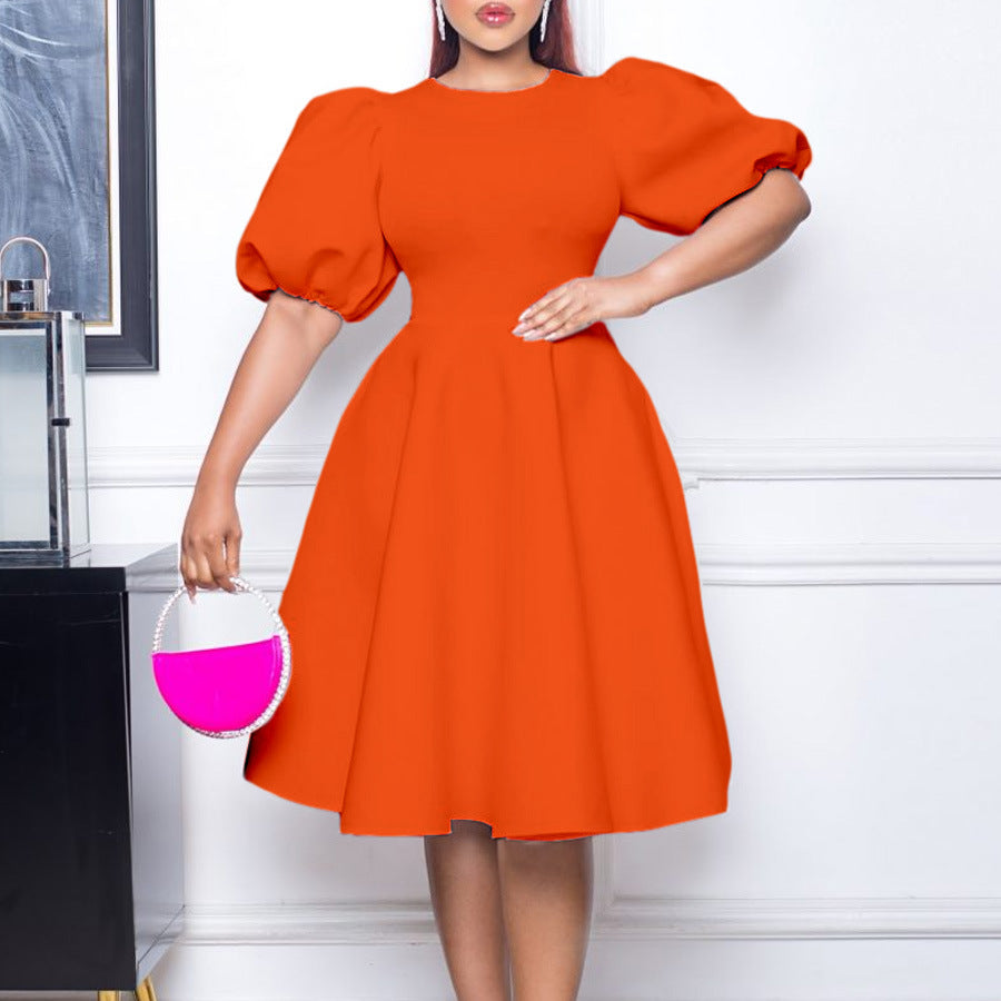 Retro Round Neck Chic Puff Sleeve Slim Waist A-Line Swing Party Dress 10