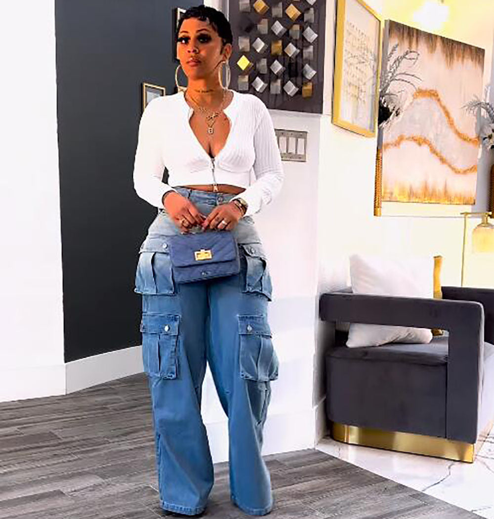 Women's High-Waist Multi-Pocket Gradient Denim Wide-Leg Pants 4