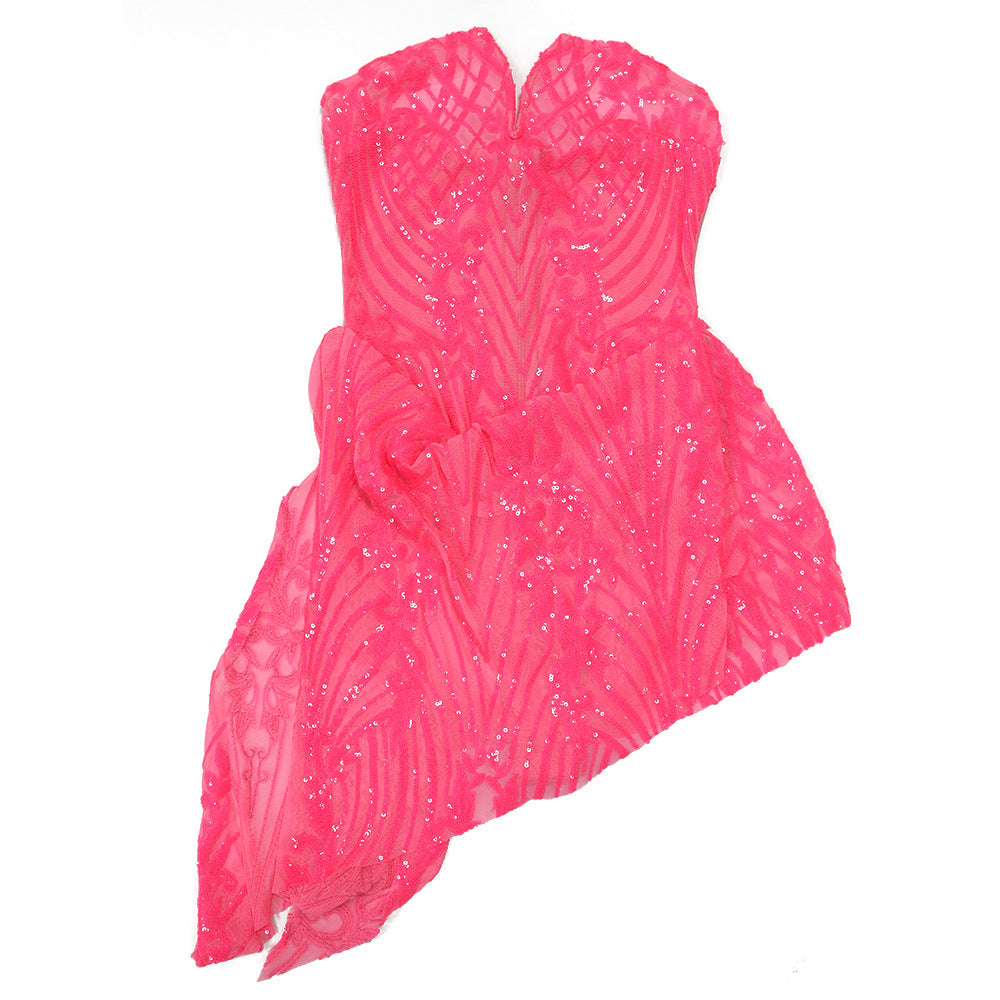 Women Sexy V-Neck Strapless See-Through Sequined Irregular Mini Dress 19