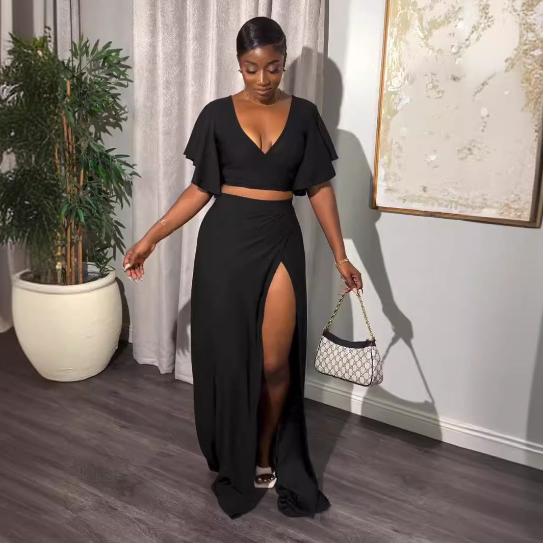 Sexy Solid Color Short Sleeves V-Neck Slit Two Piece Skirt Set 4