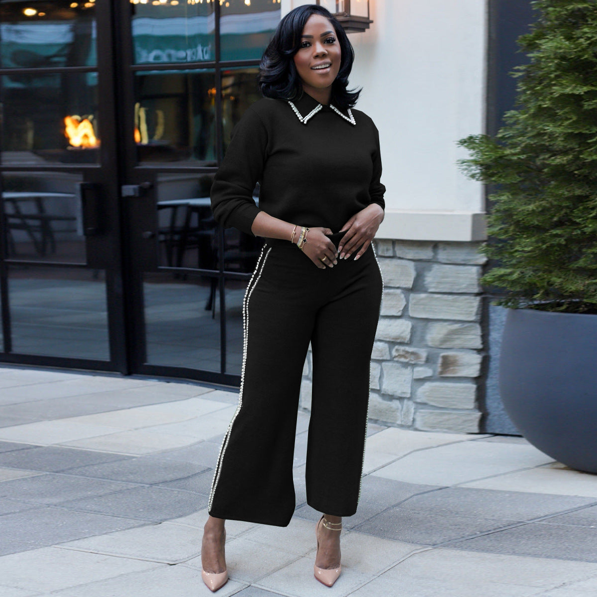 Women Casual Pearl Double-Breasted Turndown Collar Top and Pant Two Piece Set 3