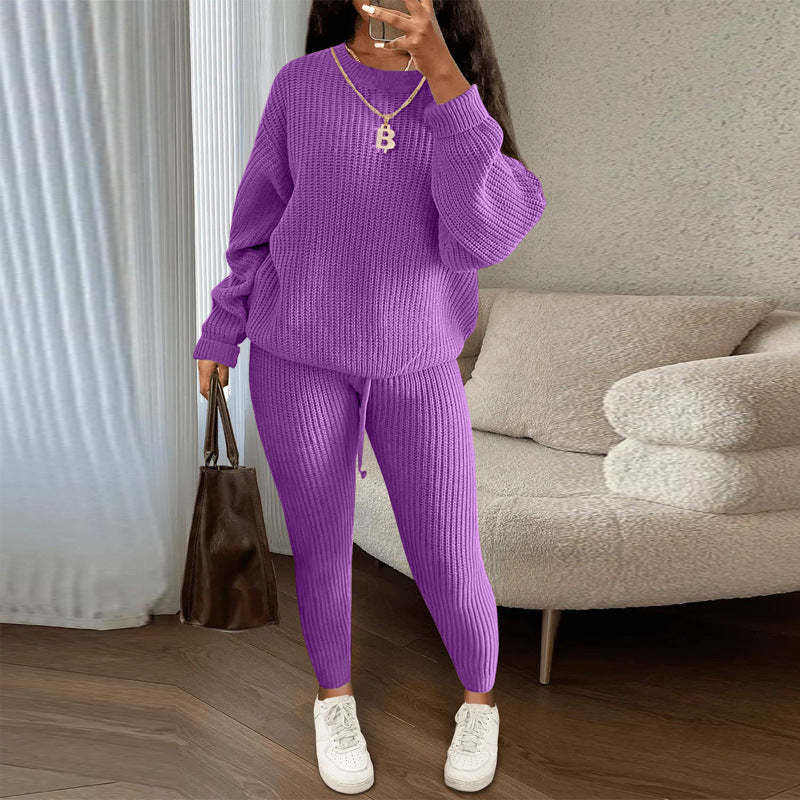 Fashion Casual Knitting Two Piece Pants Set Solid Long Sleeve Loose Sweater Trouser Suits Women's Clothing 31