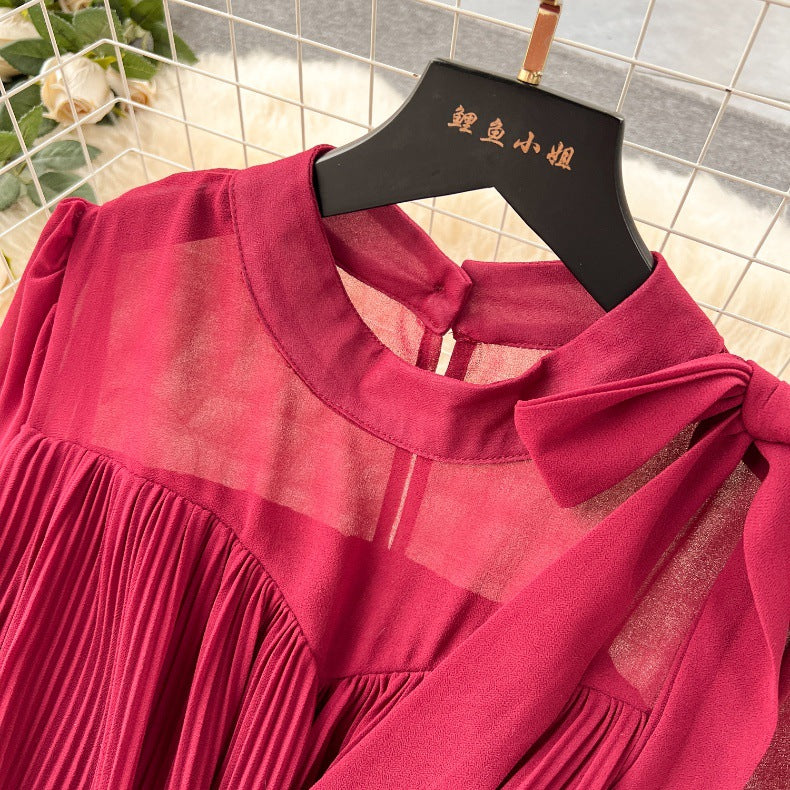 Spring Women's Bow Pleated Chiffon Puff Sleeve Long Dress 18