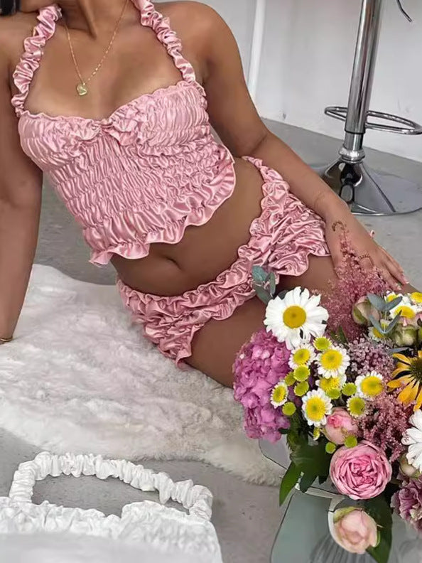 Summer Women style pleated Halter Neck suspender vest and Mini Skirt two-piece suit 5
