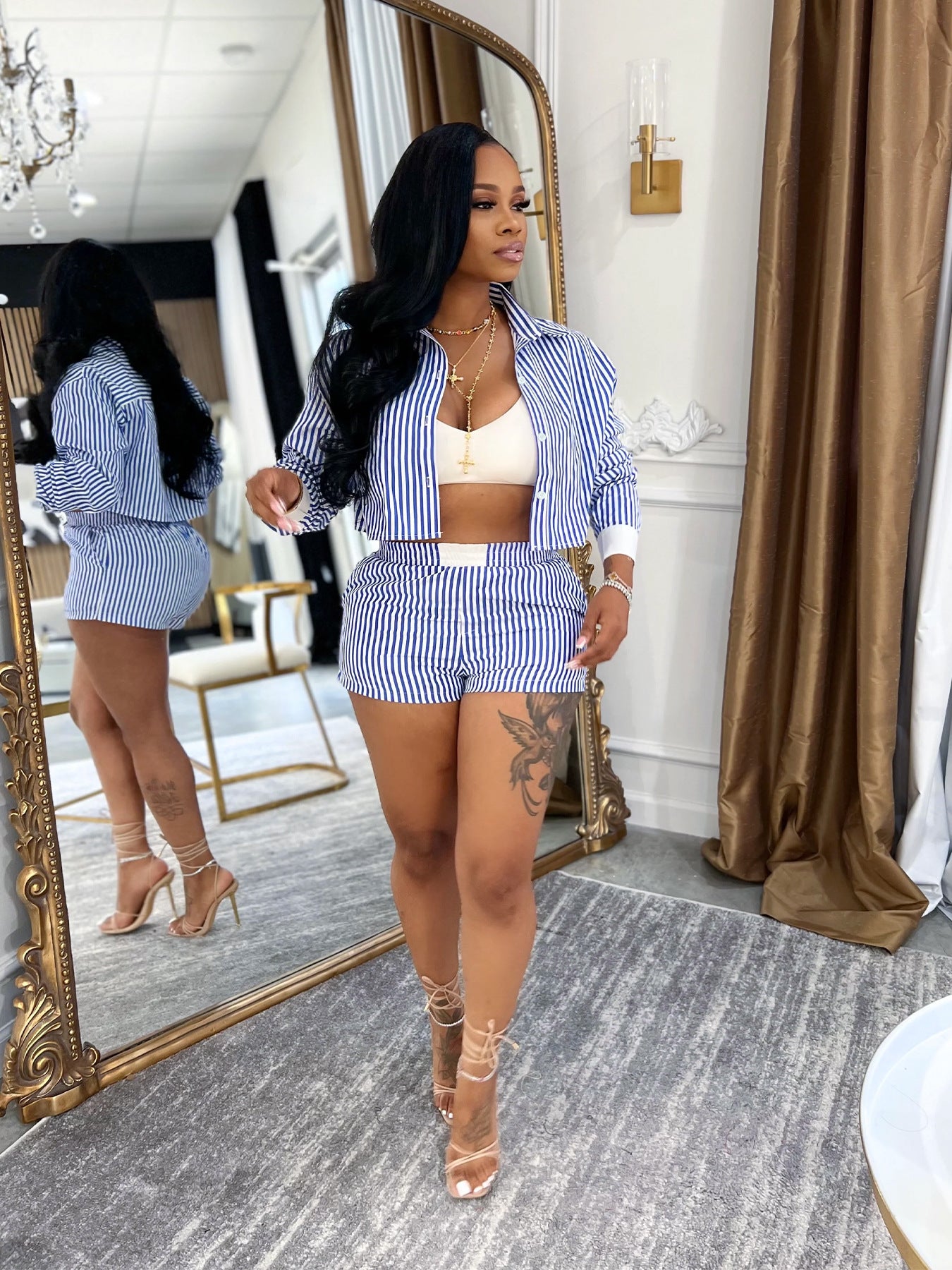 Women Spring and Summer Career Casual Turndown Collar Striped Long Sleeve Shirt Shorts Two-piece Set 9