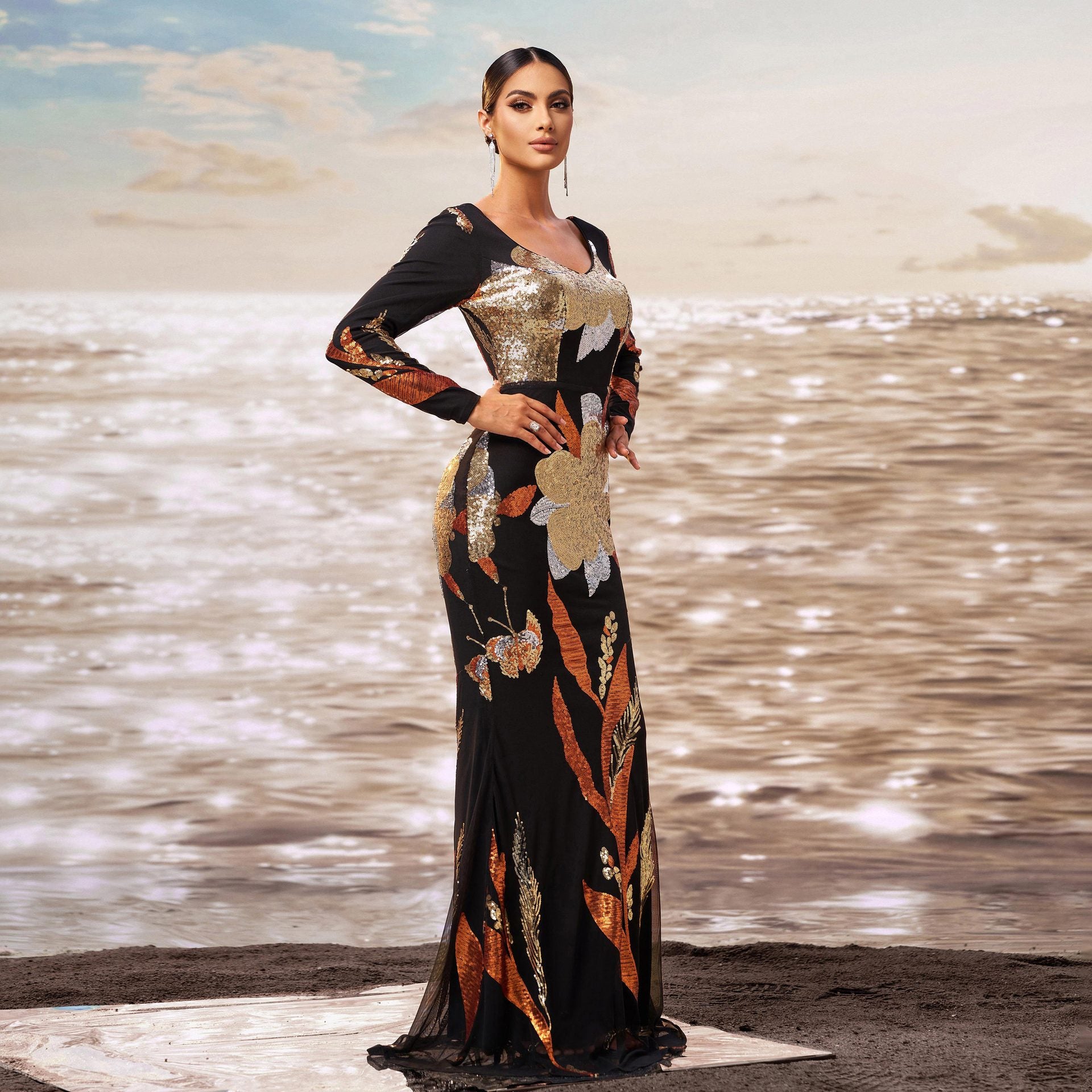 Women long sleeve v-neck Bodycon sequin Formal Party fishtail evening gown