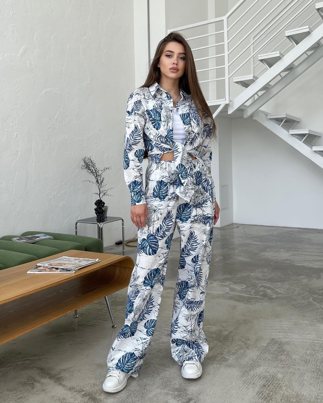 Autumn Fashion Floral Print Plus Size Loose Top High Waisted Wide Leg Pants Women Casual Suit 9