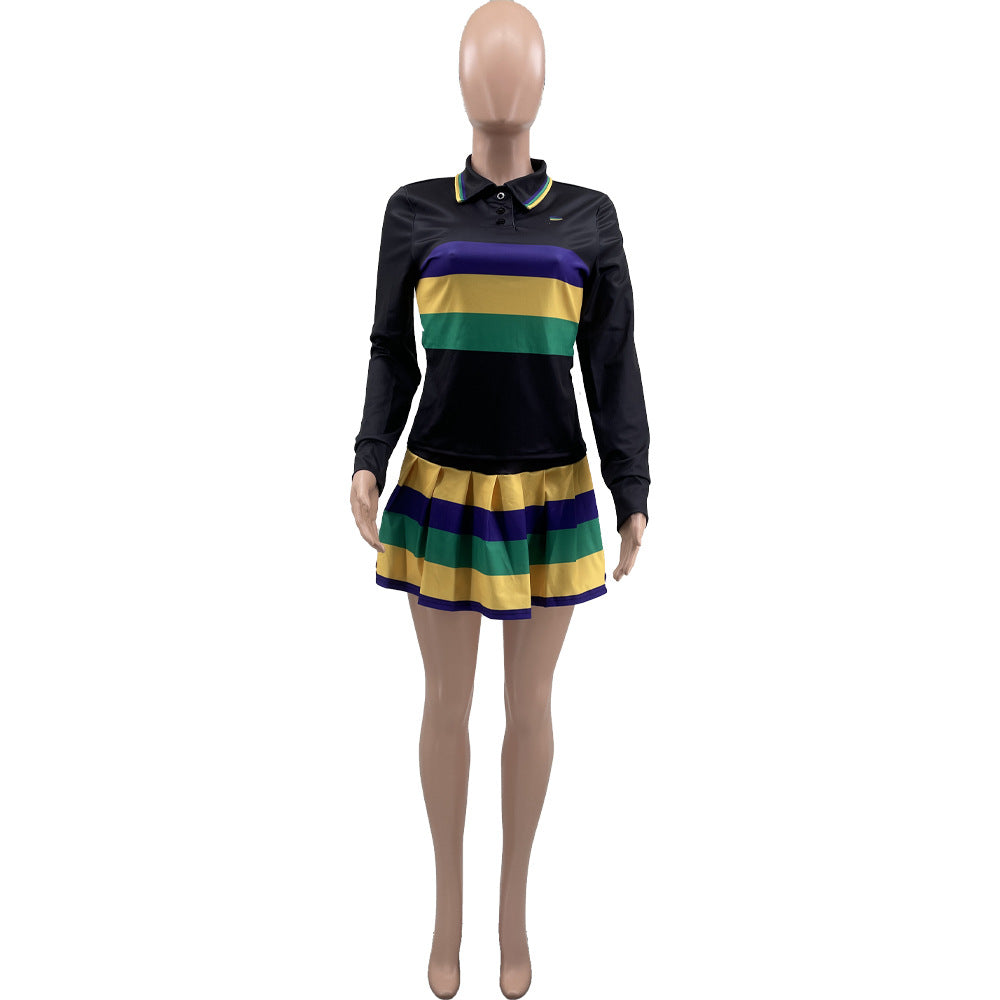 Women Casual Sports Stripe Print Top and Pleated Skirt Two-Piece Set 6