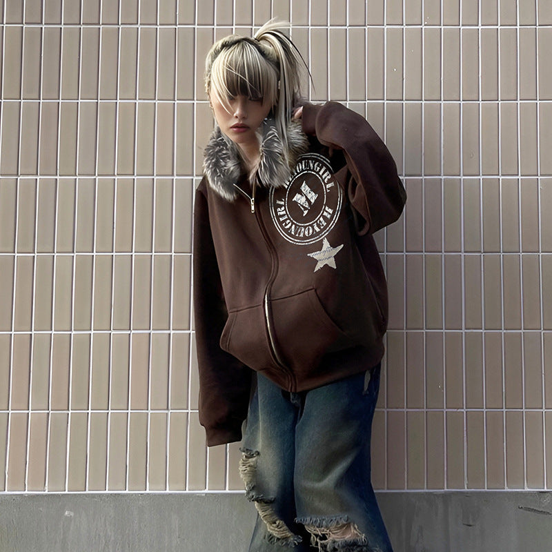 Winter Plush Hooded Badge Print Retro Jacket Loose Plus Size Casual Zipper Hoodies 4