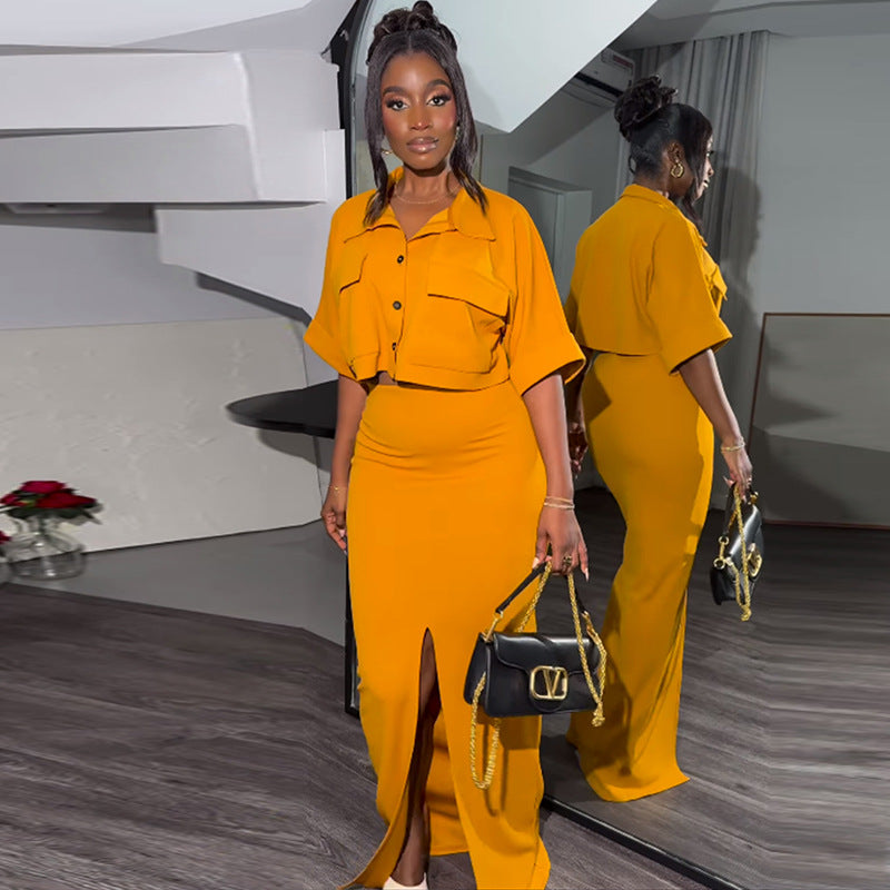 Women's Summer Turndown Collar Short Sleeve Shirt Top Slit Long Skirt Suit