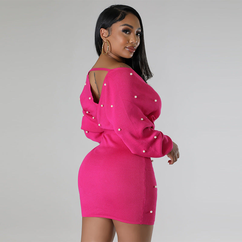 Women dress long-sleeved v-neck belt beaded sexy bodycon dress