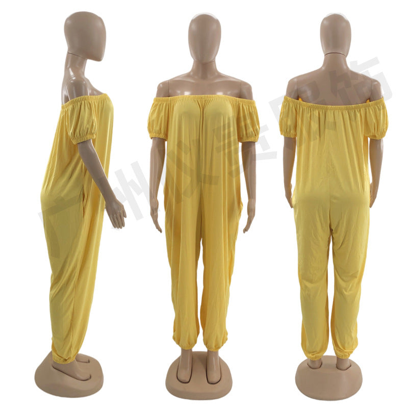 Women's Solid Color Loose Long Length Short Sleeve Jumpsuit Women's Bodysuit 6