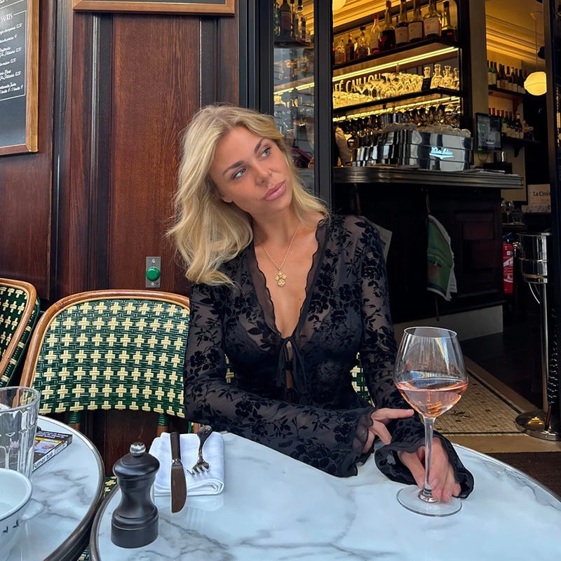 Women Sexy See-Through Lace Ruffle Bell Bottom Sleeve Top 3