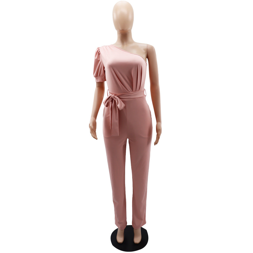 Fashion One Shoulder High Waist Low Back Slim Fit One Piece Trousers Women's Jumpsuit 13