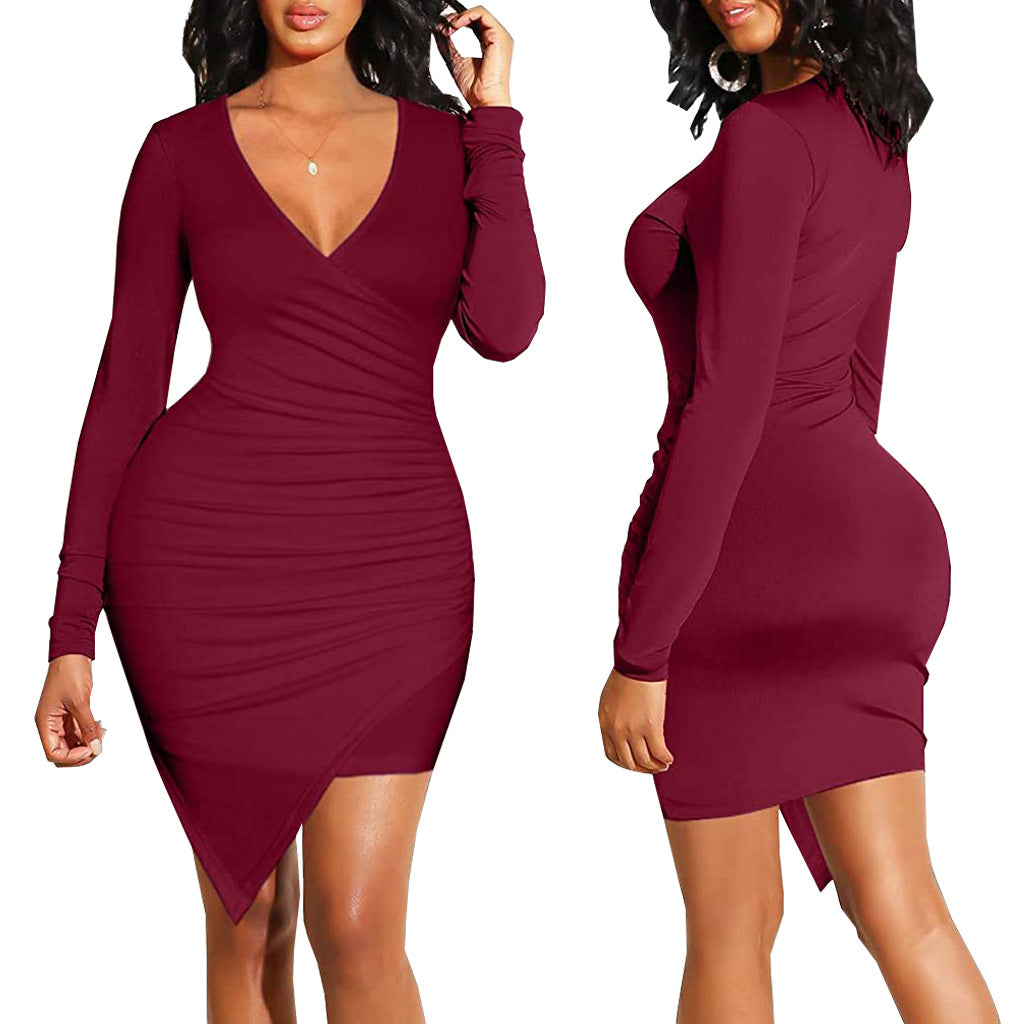 Women Sexy Solid V Neck Dress 14