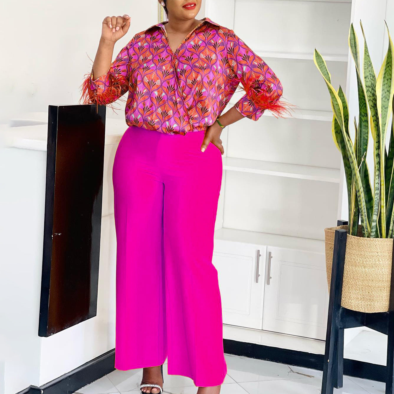 Women's Print Shirt Wide Leg Pants African Two-Piece Set 5