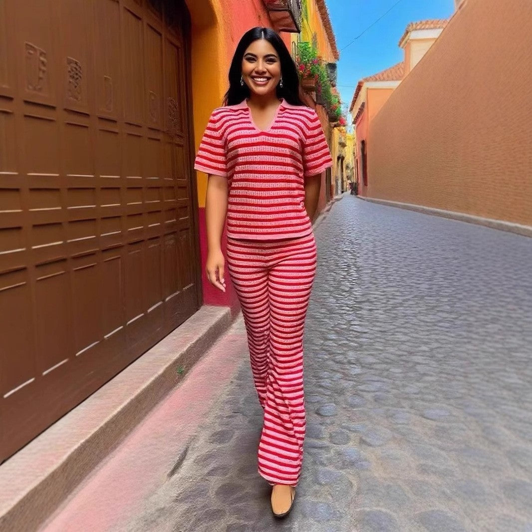 Fashion Turndown Collar Shirt & Striped Bell-Bottom Pants Summer Knit Set 11