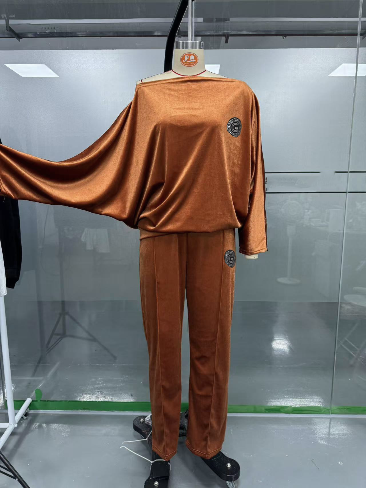 Women's Spring And Autumn Solid Color Velvet Round Neck Bat Sleeves Casual Two-Piece Pants Sets 9