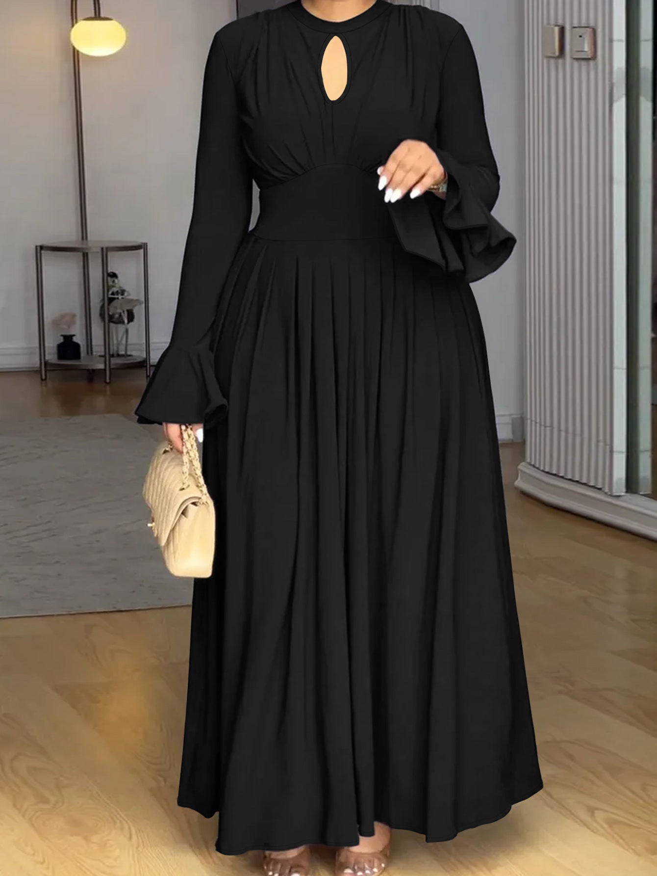 Plus-Size Women Black Elegant Bell Bottom Long-Sleeved Maxi Dress 5