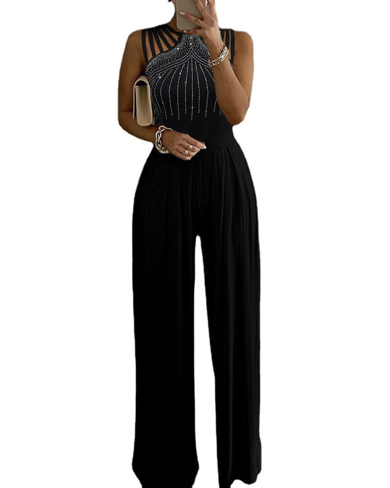 Slim Waist Hollow Out One-Piece Solid Summer Beaded Wide-Leg Jumpsuit 5
