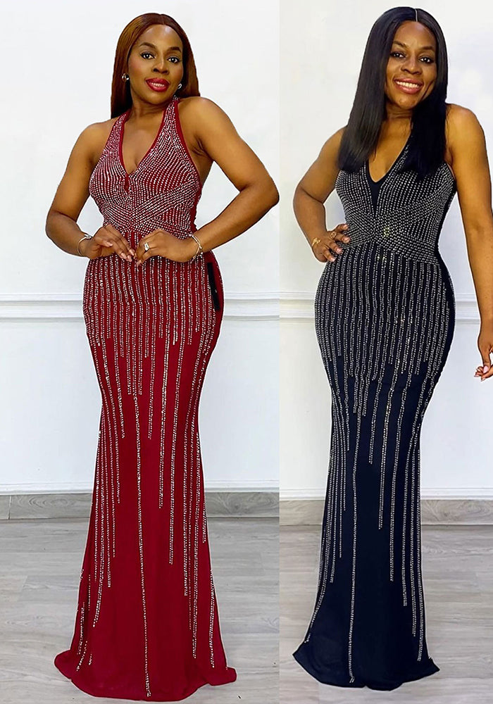 Sexy Beaded V-Neck Sleeveless Slim Elastic Long Dress