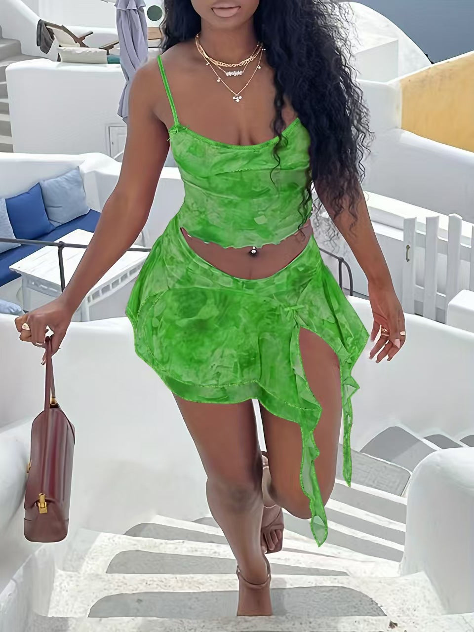 Women Two Mesh Sexy Camisole Top and Irregular Slit Skirt Two-Piece Set 4