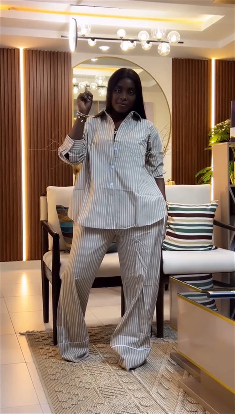 African Women's Summer Turndown Collar Loose Striped Shirt & Wide-Leg Pants Two Piece Set 8